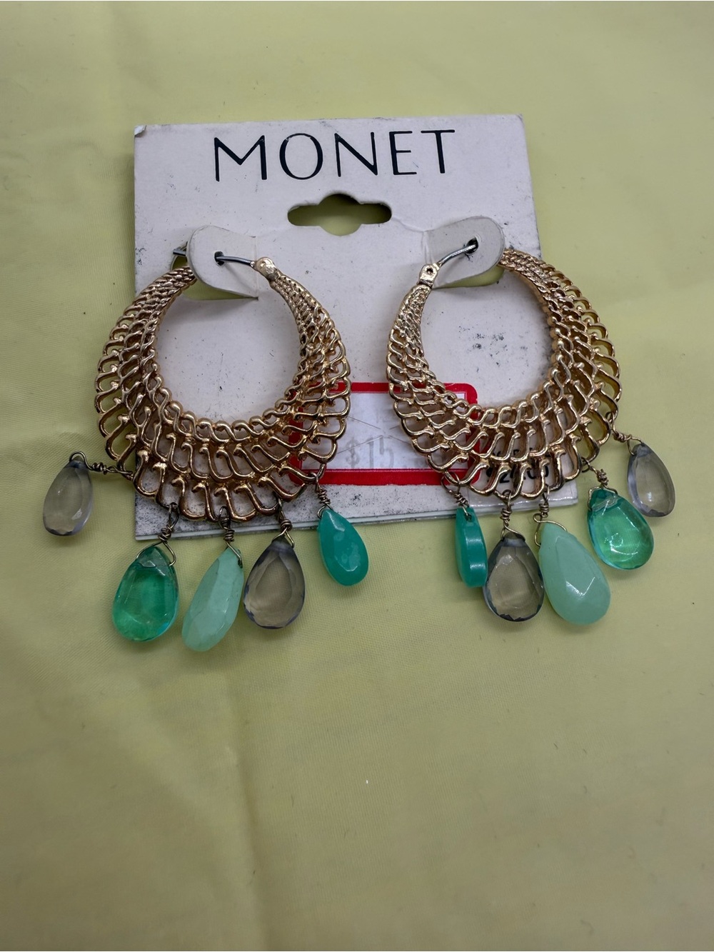 Monet Gold Tone Statement Hoop Earrings Aqua Teal Gray Beaded Dangles NWT